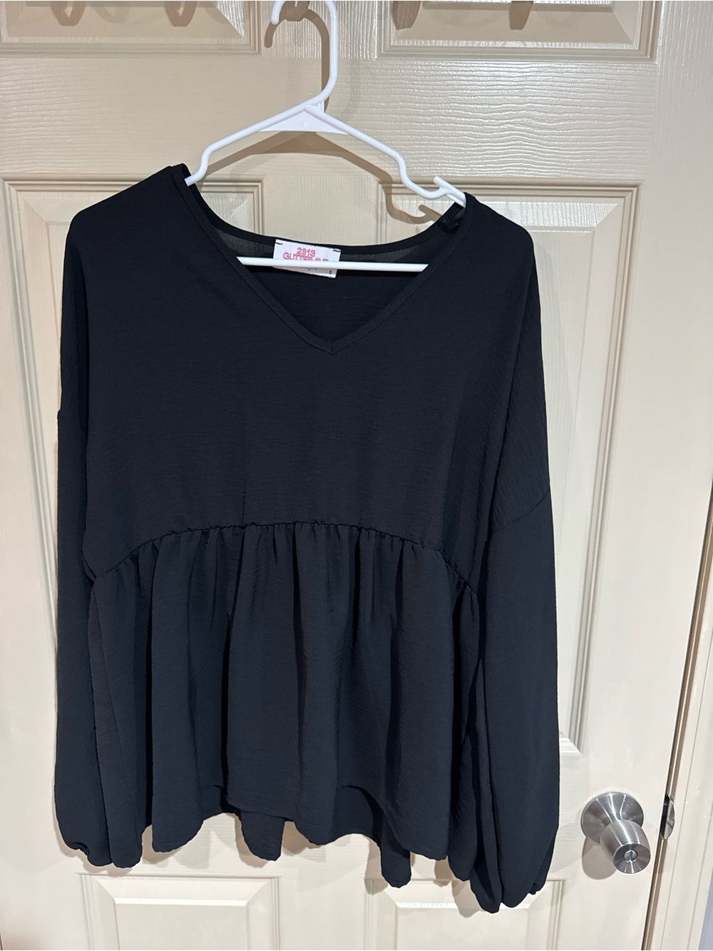 2313 Glitter Ave Boutique Black V-Neck Gathered Peplum Blouse